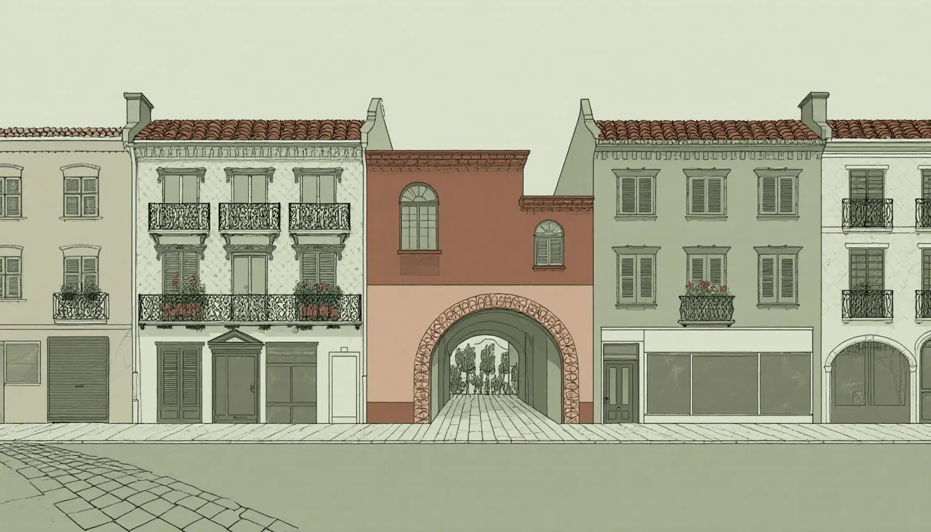 A New Orleans street where French balconies, Spanish courtyards, and American storefronts sit together on the same block