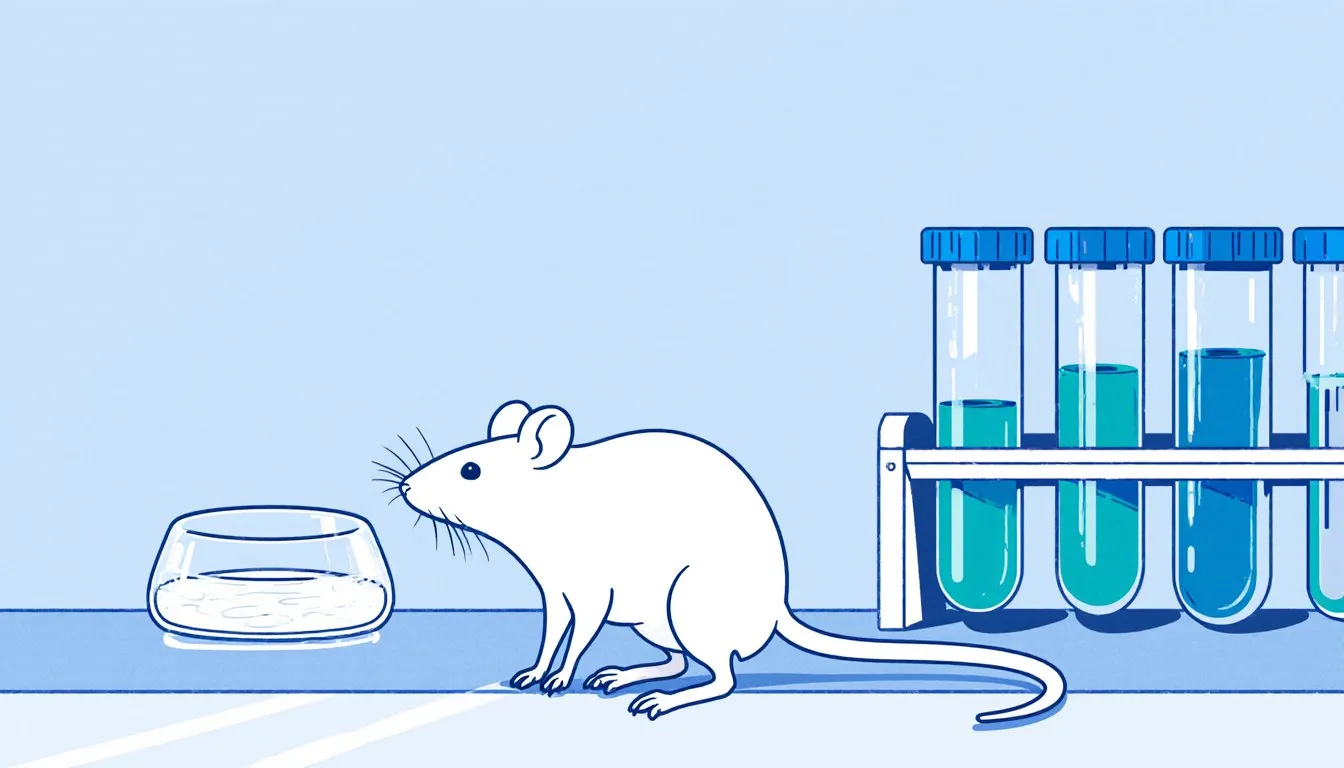 Illustration of a white lab mouse beside a petri dish and test tubes, representing animal research