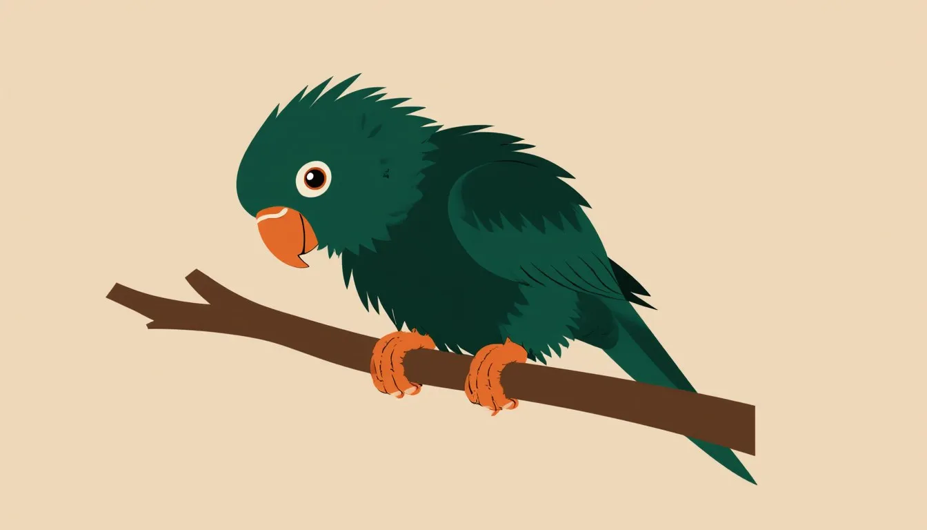A lovebird perched with fluffed feathers, a drooping posture, and a cloudy eye, illustrating signs of illness in pet birds