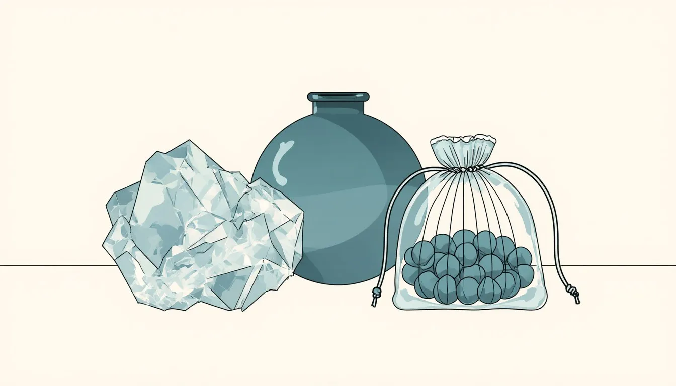 Raw quartz crystal, a glass vessel, and a silica gel packet grouped together, showing different forms of silicon dioxide