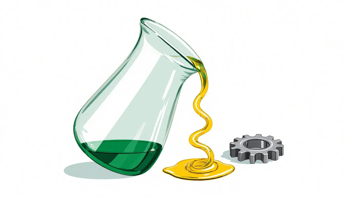 A beaker pouring a thick, coiling ribbon of clear silicone oil beside a lubricated metal gear