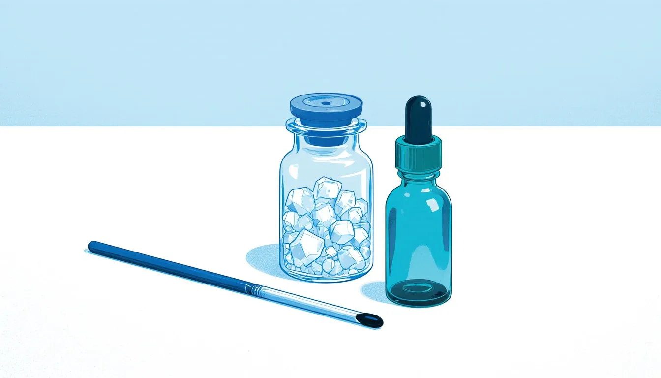 Illustration of a vial of silver nitrate crystals beside a cauterization stick and amber dropper bottle