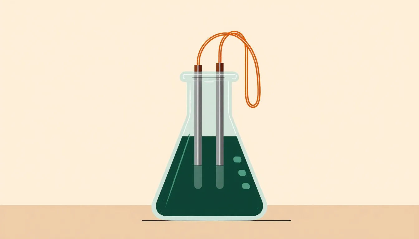 Two electrode rods dipped in a liquid-filled beaker and joined by a wire, representing an electrochemical cell