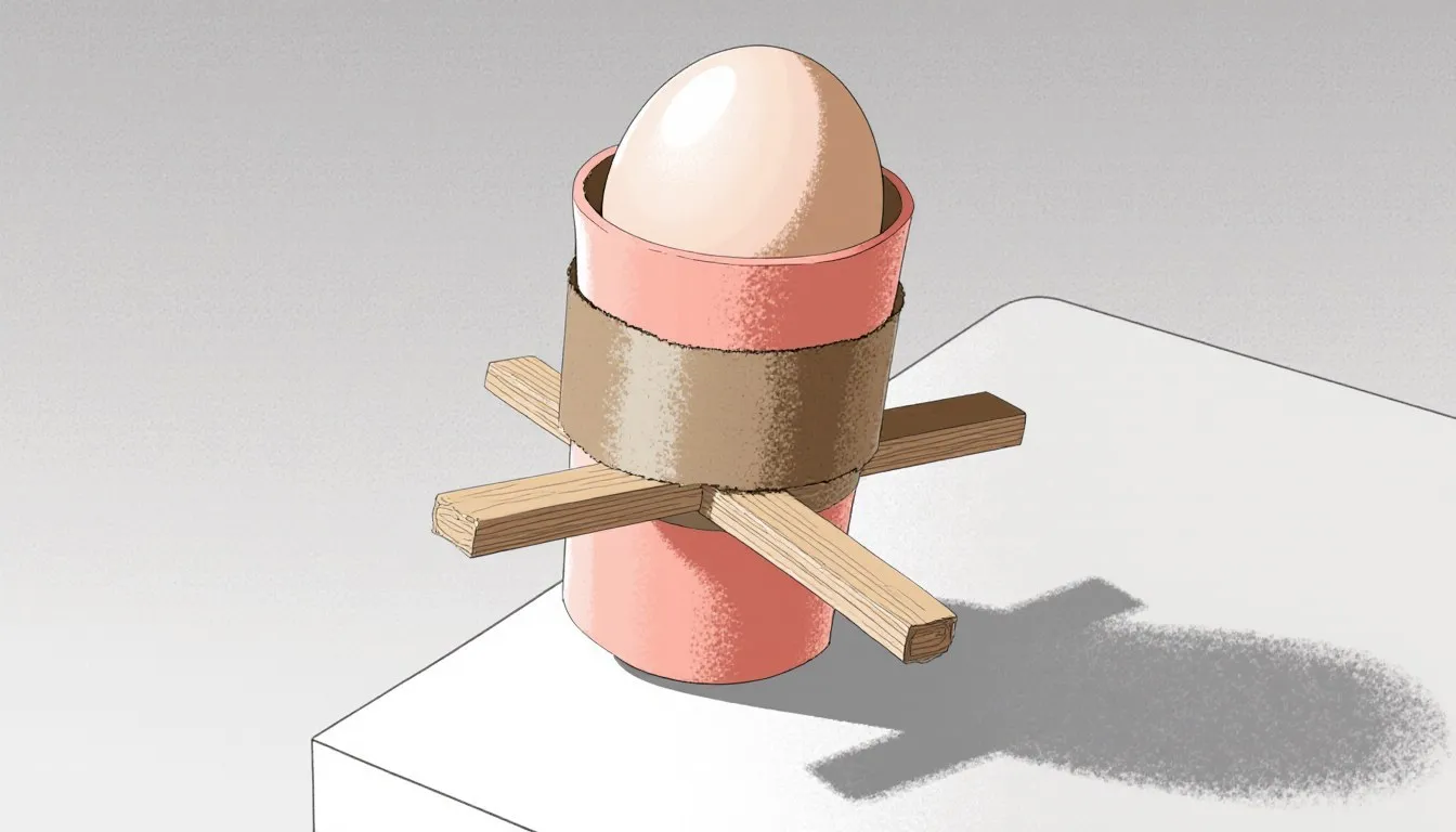 Illustration of an egg cushioned in a padded cup with a wooden cross landing frame