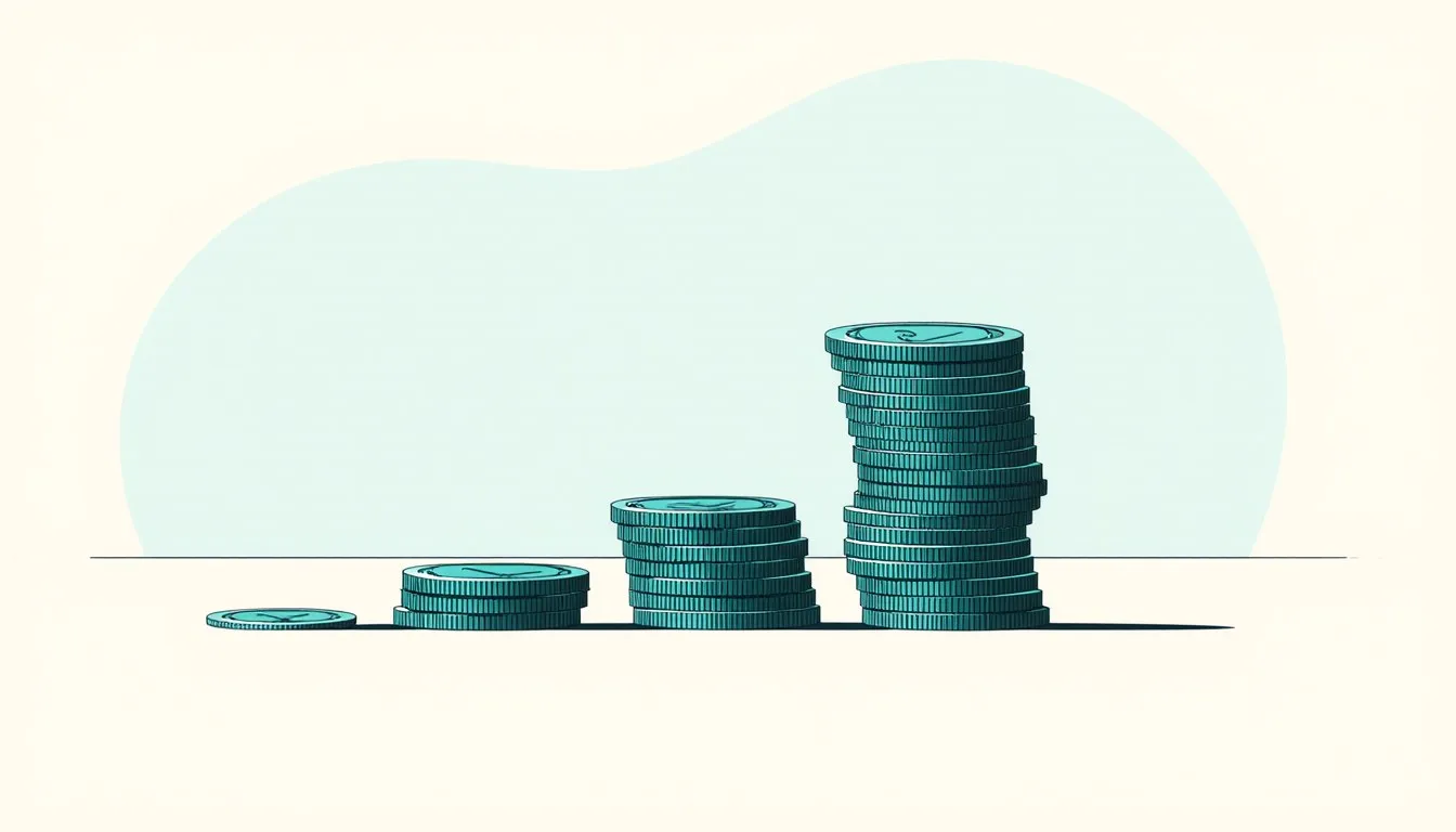 Coin stacks rising in an ascending curve, illustrating how money grows through interest over time