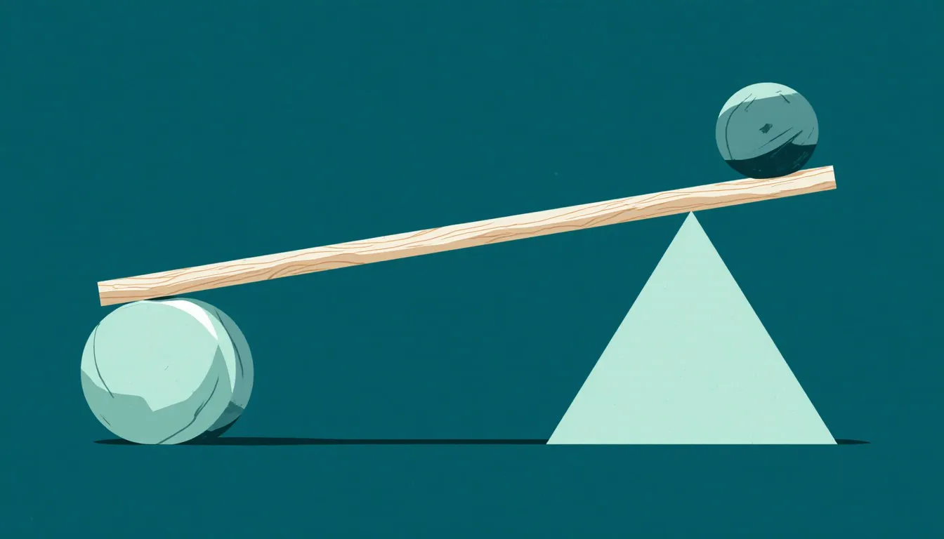 A long bar balanced on a triangular fulcrum, lifting a large round boulder on one raised end