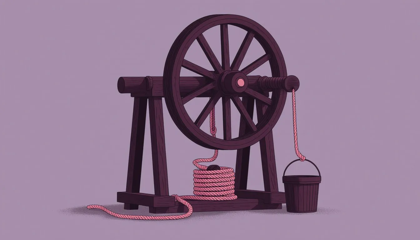 A wooden well windlass with a large crank wheel turning a rope-wound axle, illustrating the wheel and axle simple machine.