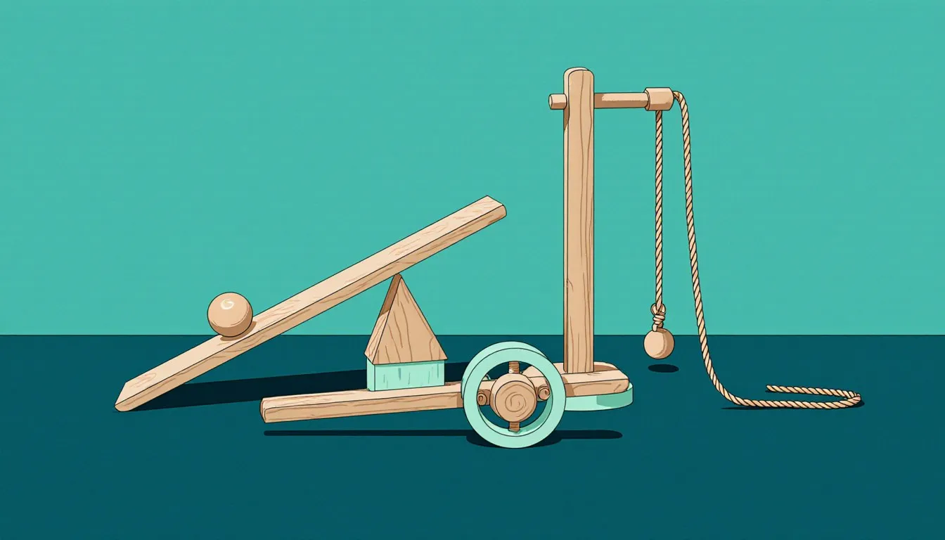 A wooden ramp, a lever on a fulcrum, and a pulley with rope, arranged together as simple machines