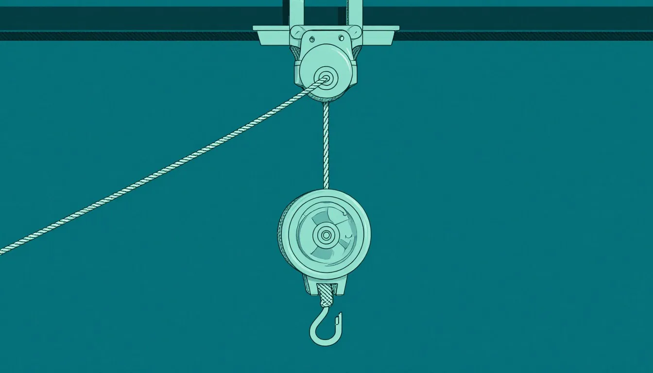 A compound pulley system with two grooved wheels and a rope lifting a heavy crate