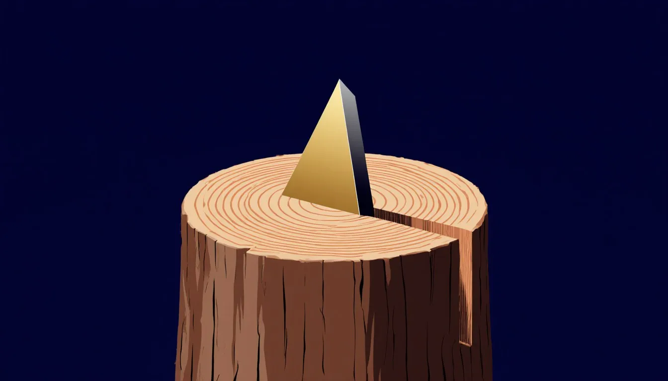A metal splitting wedge driven into a log, forcing the wood apart along its grain
