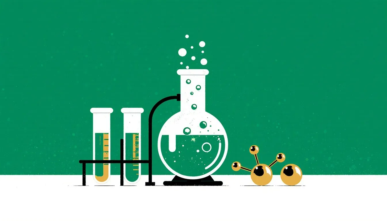 Illustration of test tubes and a bubbling flask beside a ball-and-stick molecule