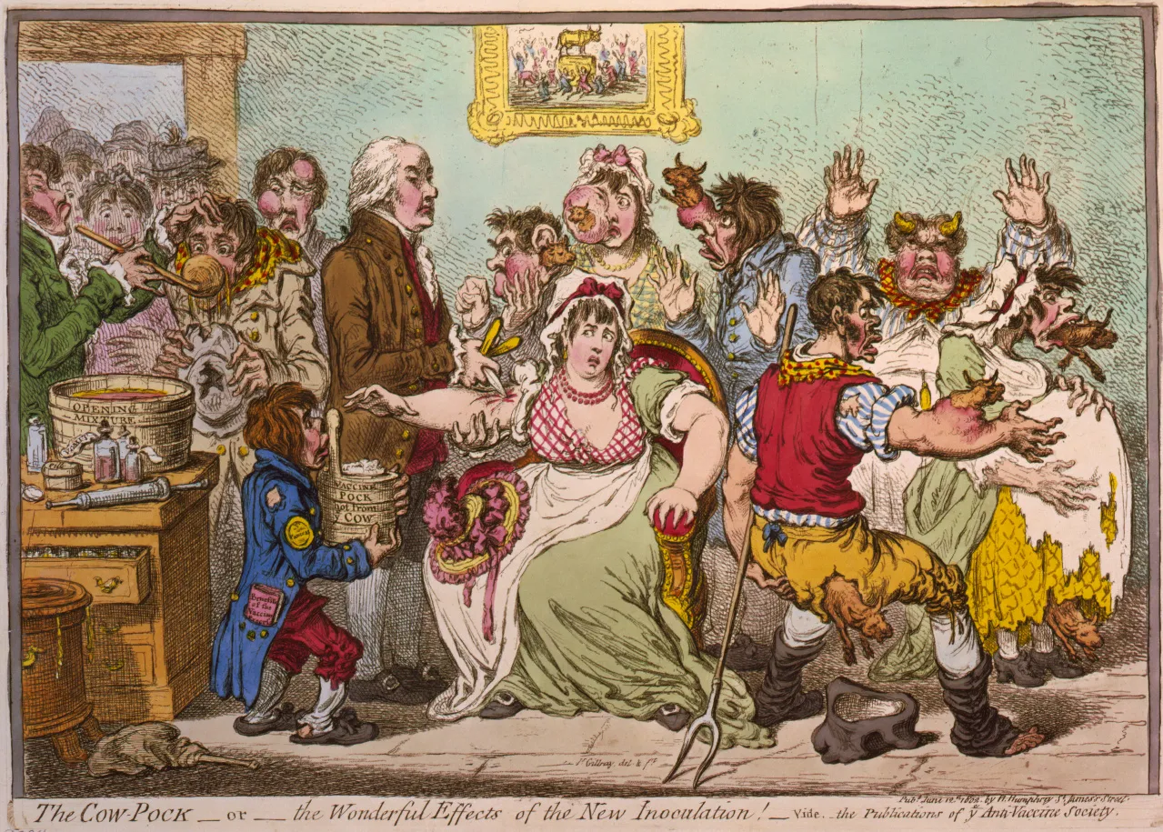 James Gillray's 1802 etching satirizing Edward Jenner's cowpox vaccination