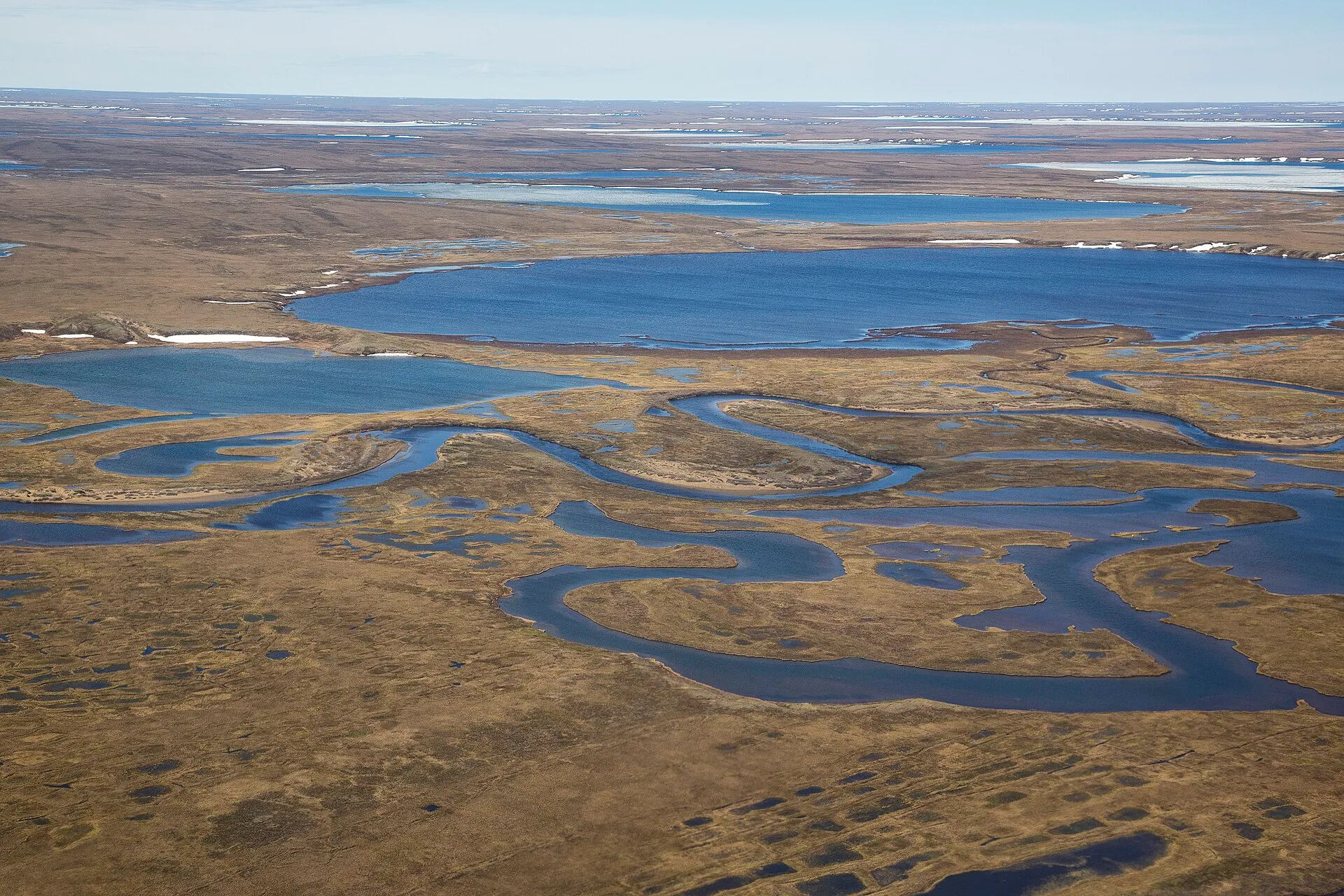 Arctic tundra dotted with meltwater ponds under a clear sky
