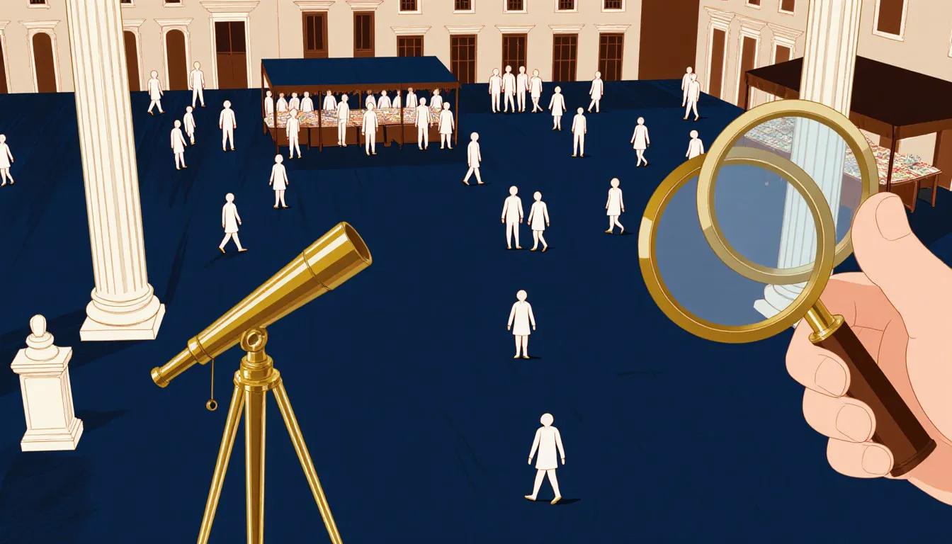 A town square crowd viewed at once through a telescope and a magnifying glass, two instruments studying one shared scene