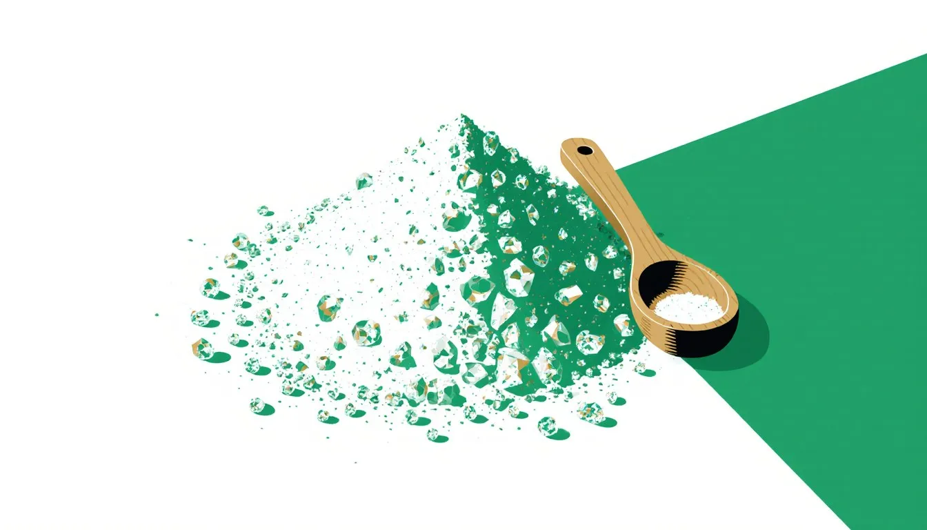 A mound of fine white sodium bicarbonate crystals spilling from a wooden spoon