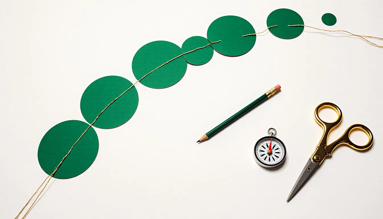 Craft materials for a homemade solar system model: cardboard circles strung on string beside a compass and scissors