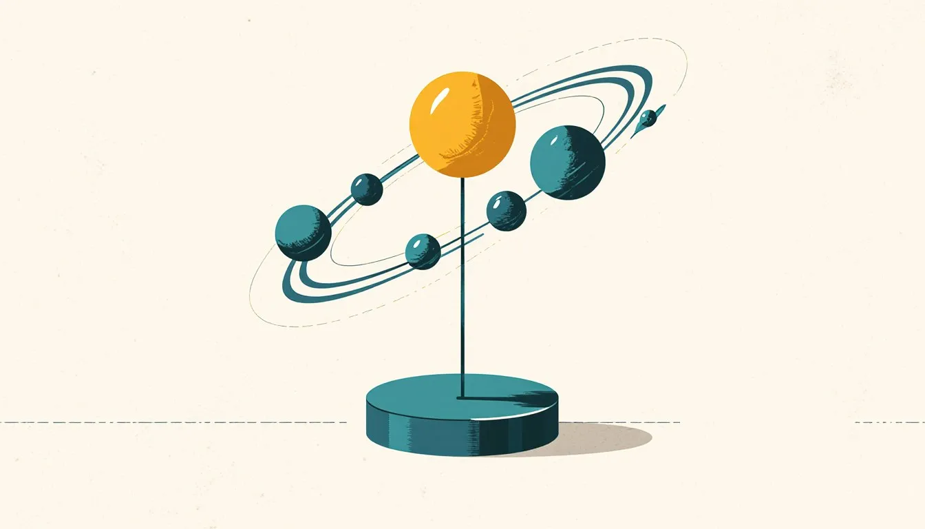 A homemade solar system model with painted planet spheres on wire rods radiating around a central sun