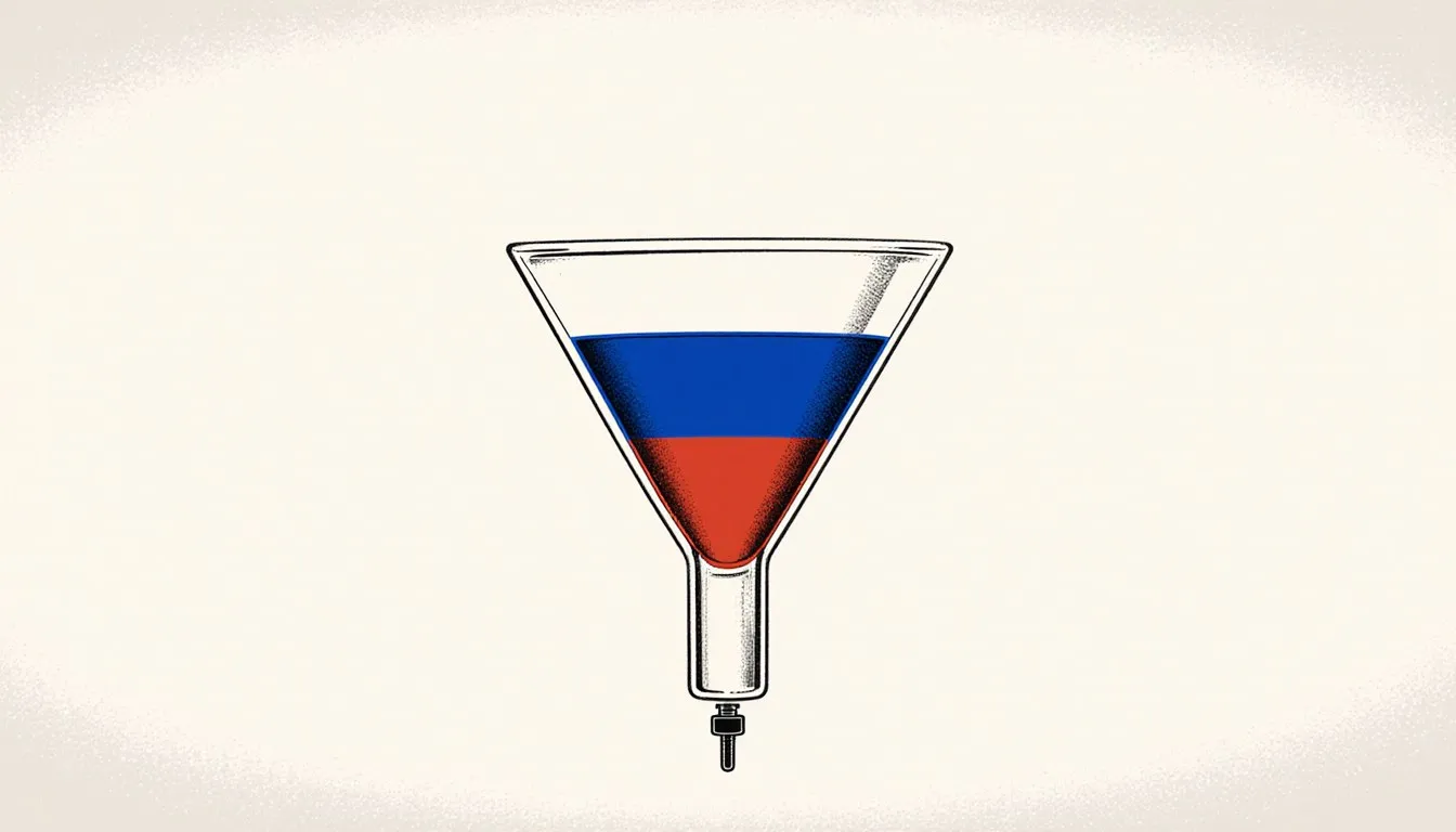 A separating funnel showing two distinct liquid layers, illustrating the solvent extraction process