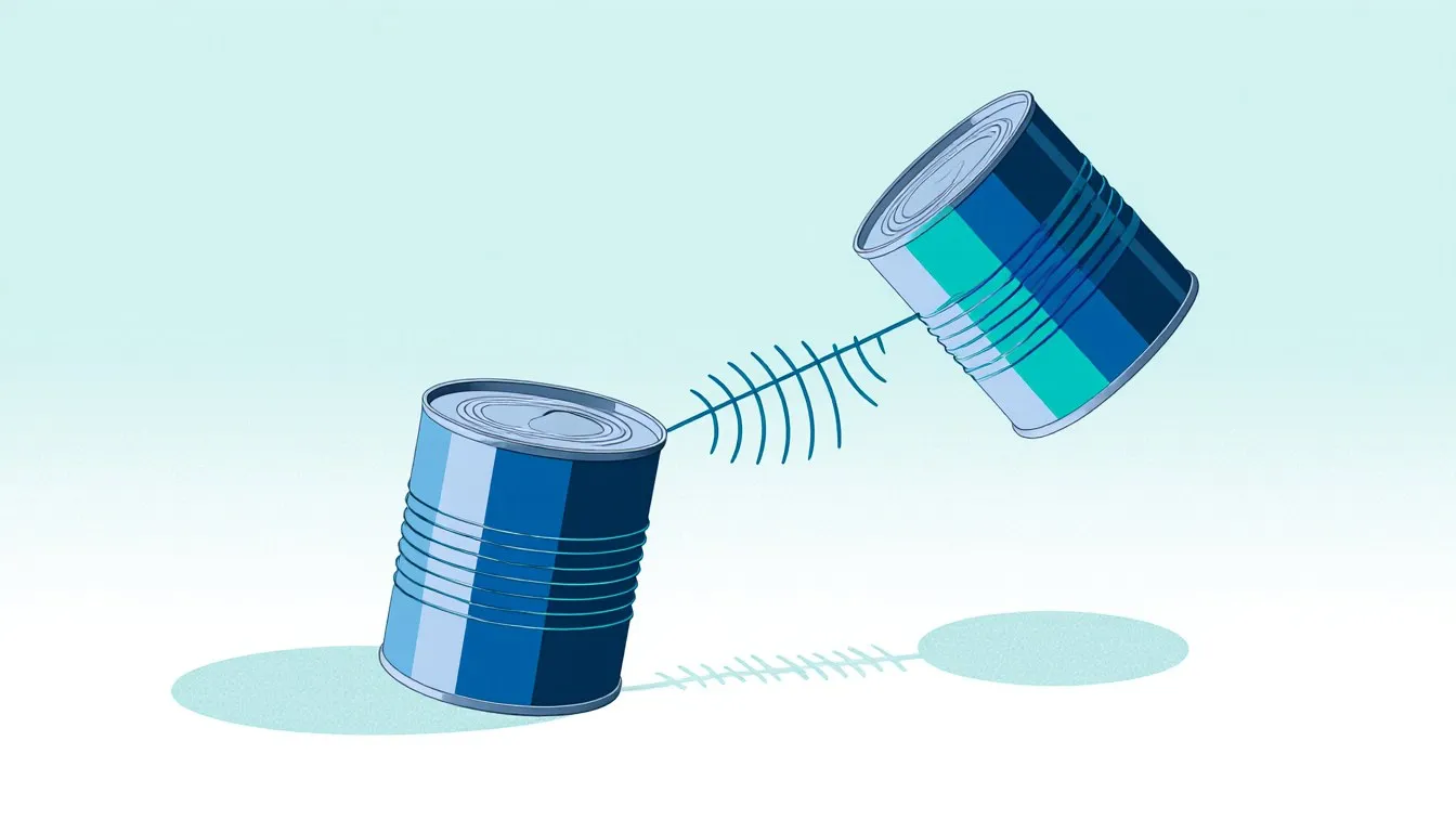 A tin-can string telephone with ripple lines showing sound vibrations traveling along the taut string