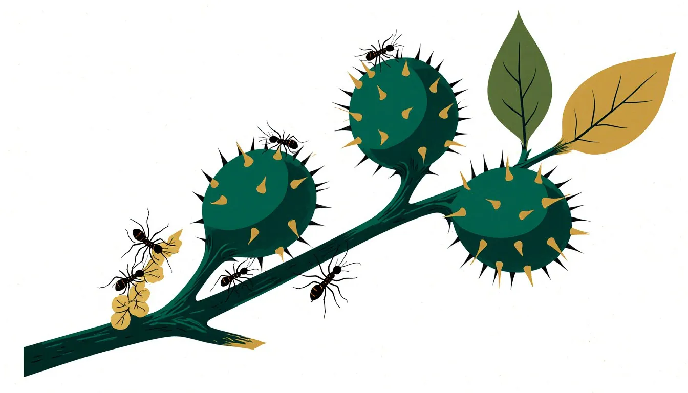 Illustrated acacia branch with swollen hollow thorns and ants tending nectar glands, depicting the acacia-ant mutualism