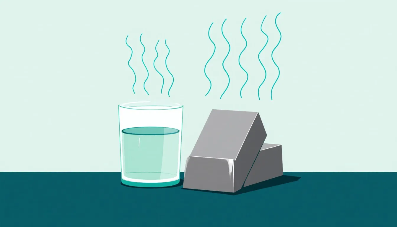 A metal ingot and a glass of water with rising heat shimmer, illustrating specific heat capacity differences