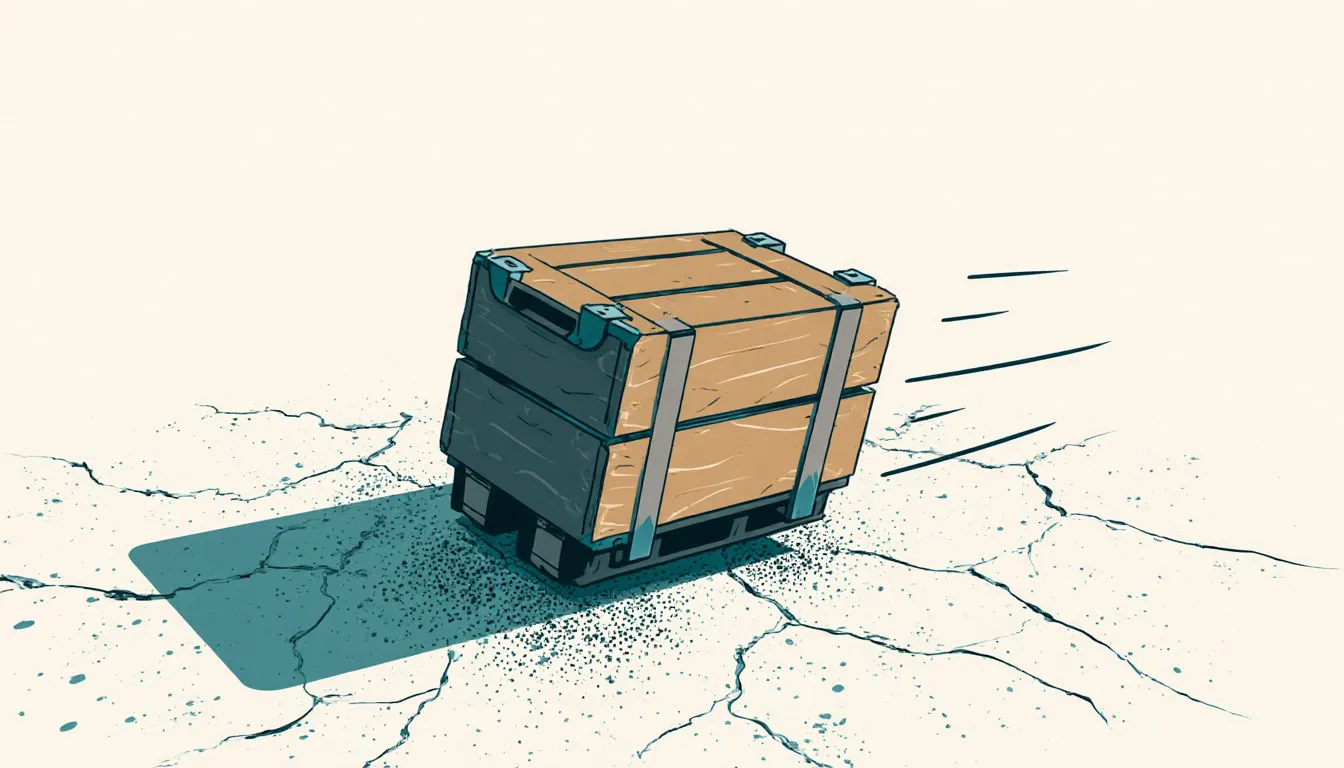 A wooden crate on a rough floor, caught mid-slide with motion streaks showing the shift from grip to slip