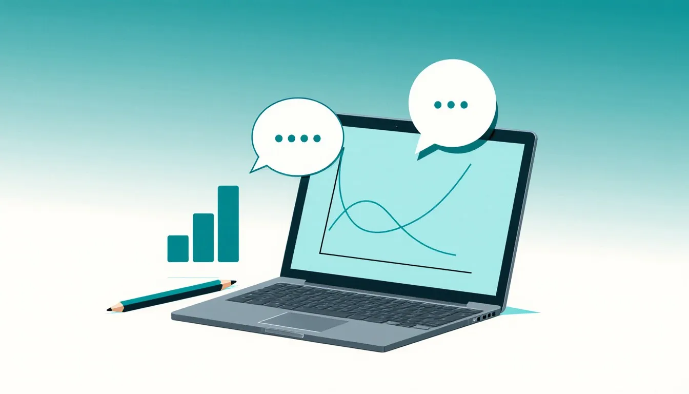 Laptop screen showing a bell curve and bar chart beside a chat bubble, representing online statistics tutoring