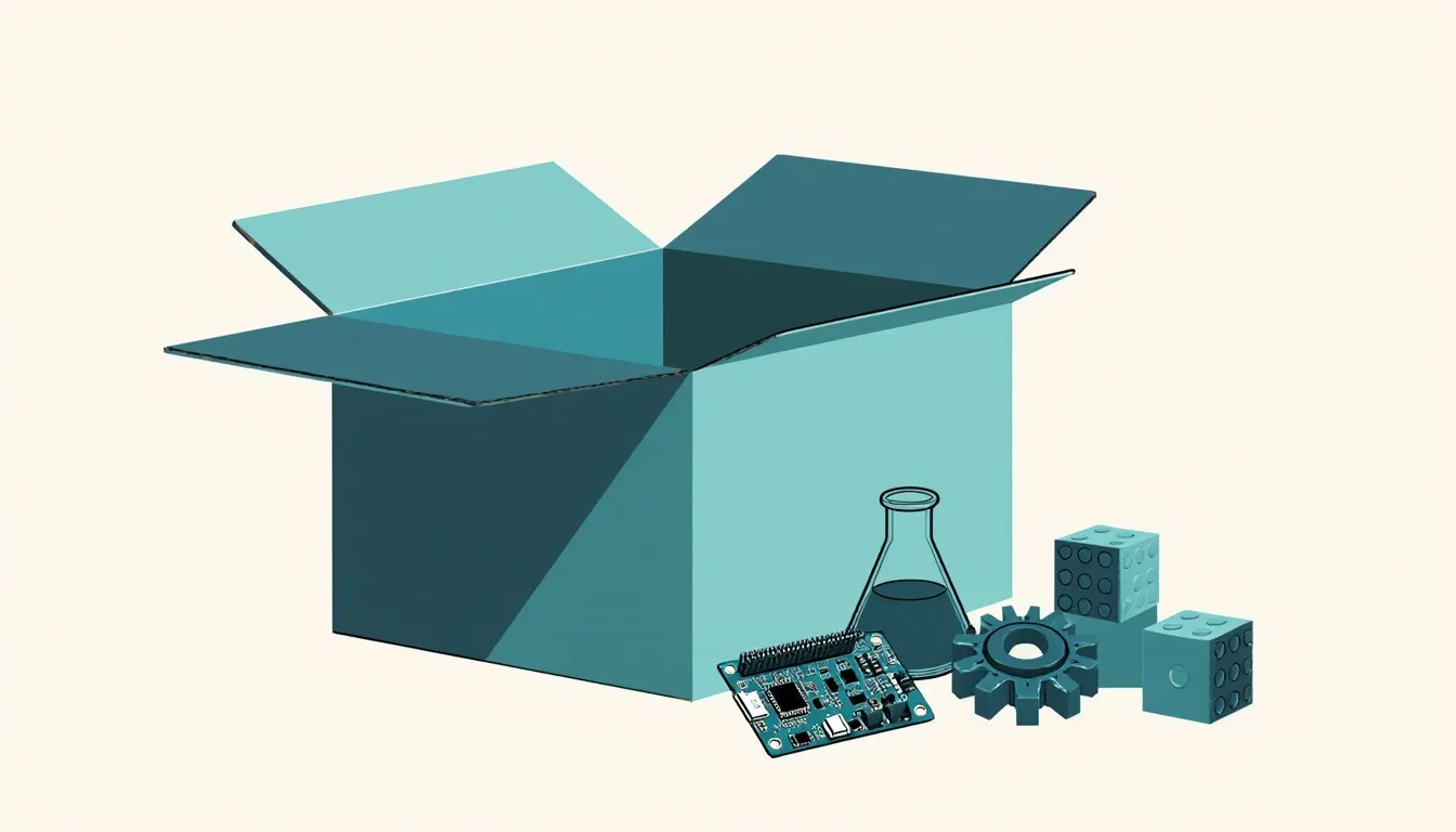 Illustration of an open subscription box with a circuit board, gears and a flask beside it