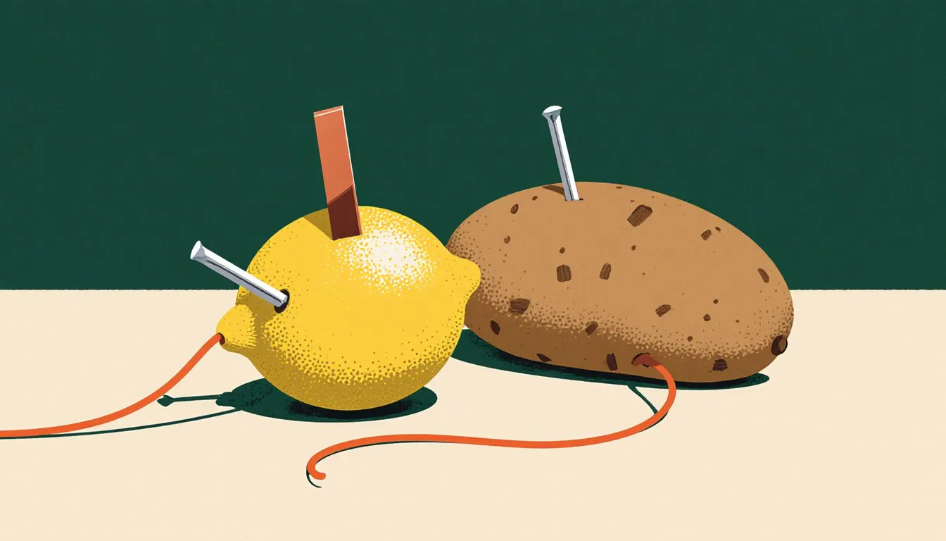 A lemon and a potato each fitted with copper and zinc electrodes connected by a wire, forming a simple homemade battery