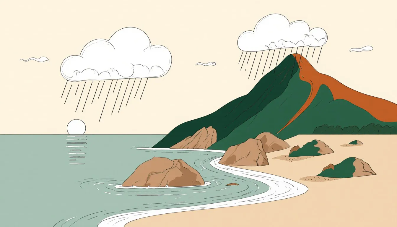A coastal landscape showing the sun, evaporating sea, rain clouds over a mountain, and a river flowing back to the ocean