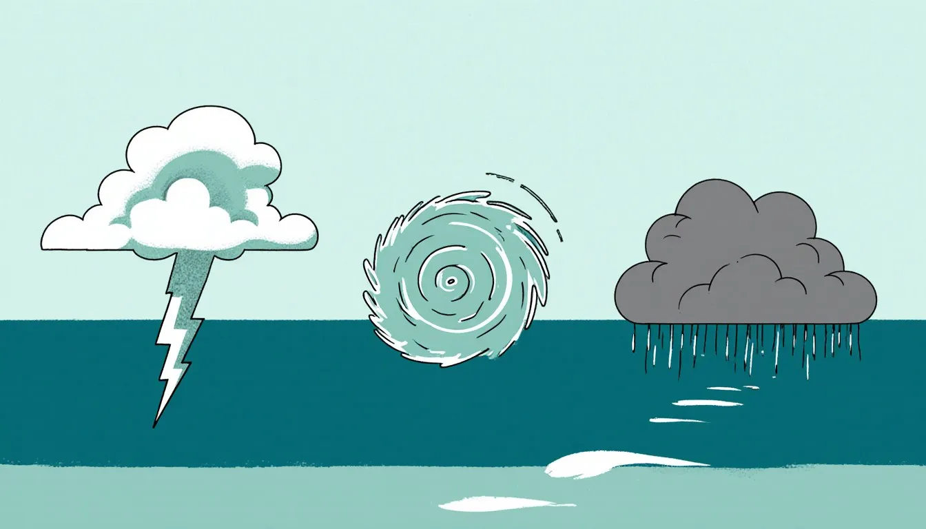 Three storm cloud types on one horizon: a lightning thundercloud, a spiraling hurricane, and a snow-trailing blizzard cloud