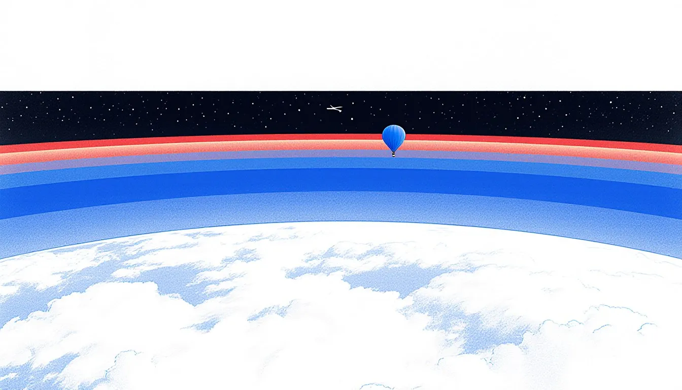 Illustration of Earth's curved horizon with the ozone layer glowing within the stratosphere above the clouds