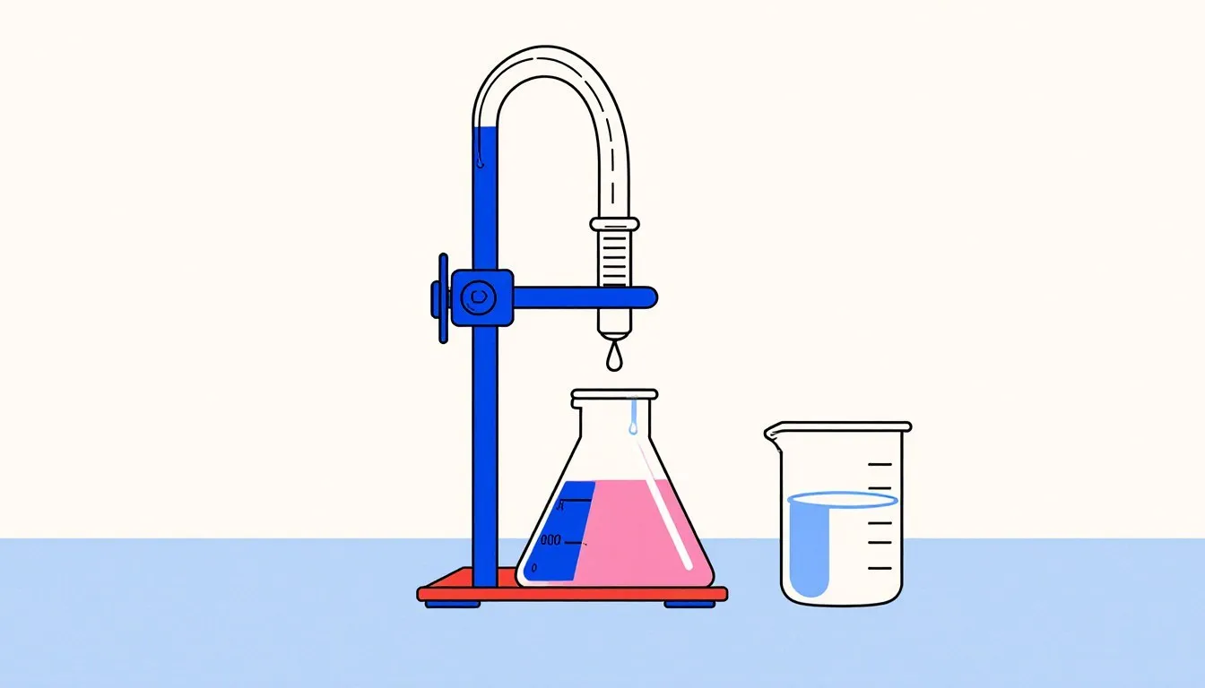 Illustration of a titration stand dripping into a pink flask beside a beaker