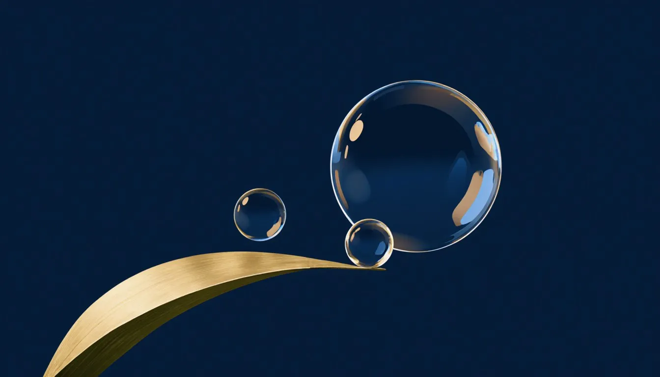 A perfectly spherical water droplet on a leaf tip beside a floating soap bubble, illustrating surface tension