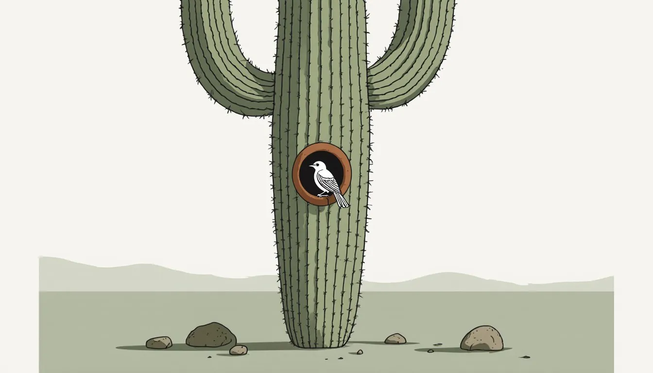 A saguaro cactus with a small bird nesting in a hollowed cavity in its trunk, illustrating desert symbiosis