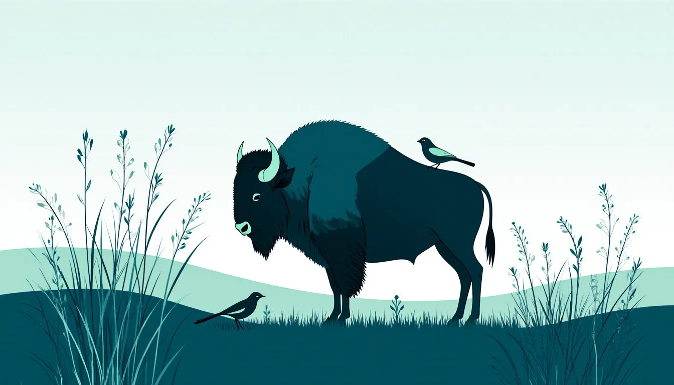 A grazing herbivore in tall grassland with a small bird perched on its back, illustrating a mutualistic relationship.