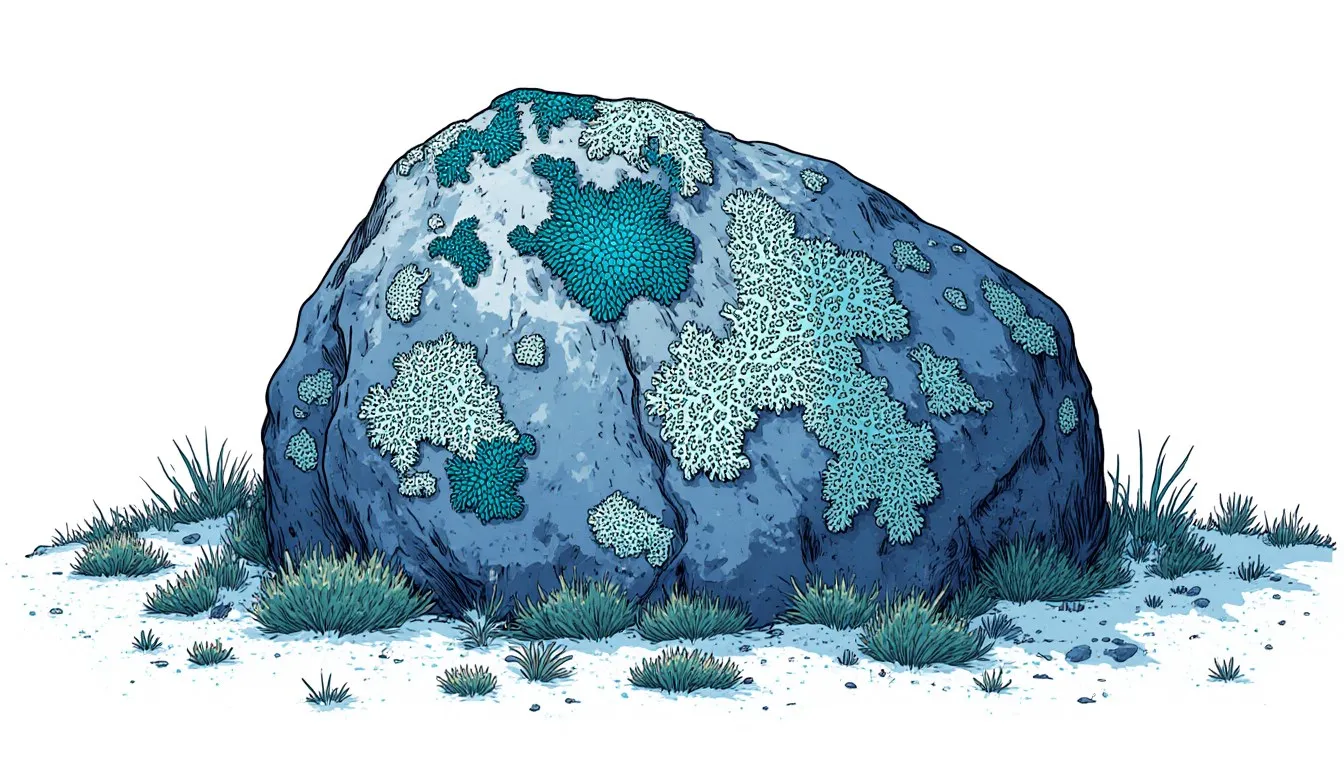 A tundra rock covered in patches of lichen, a classic symbiotic partnership between fungus and algae