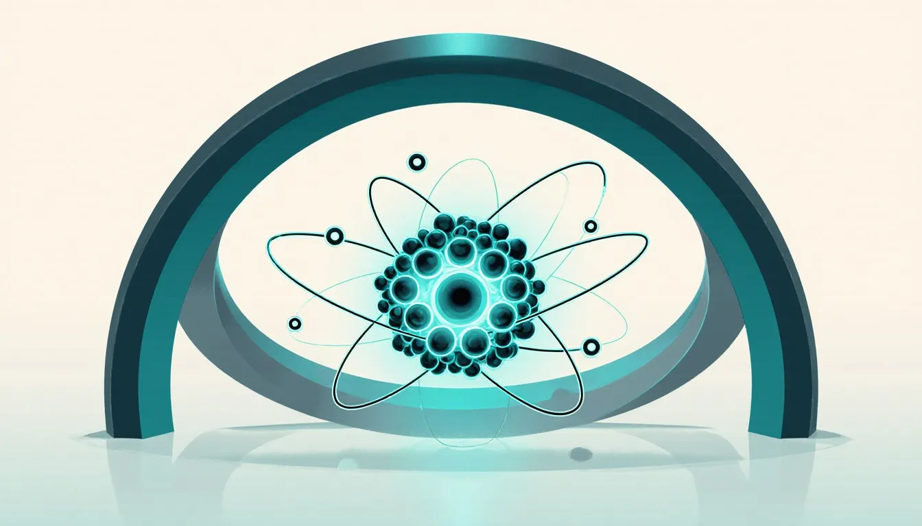 Glowing atomic nucleus at the center of a circular particle accelerator, representing the lab creation of synthetic elements