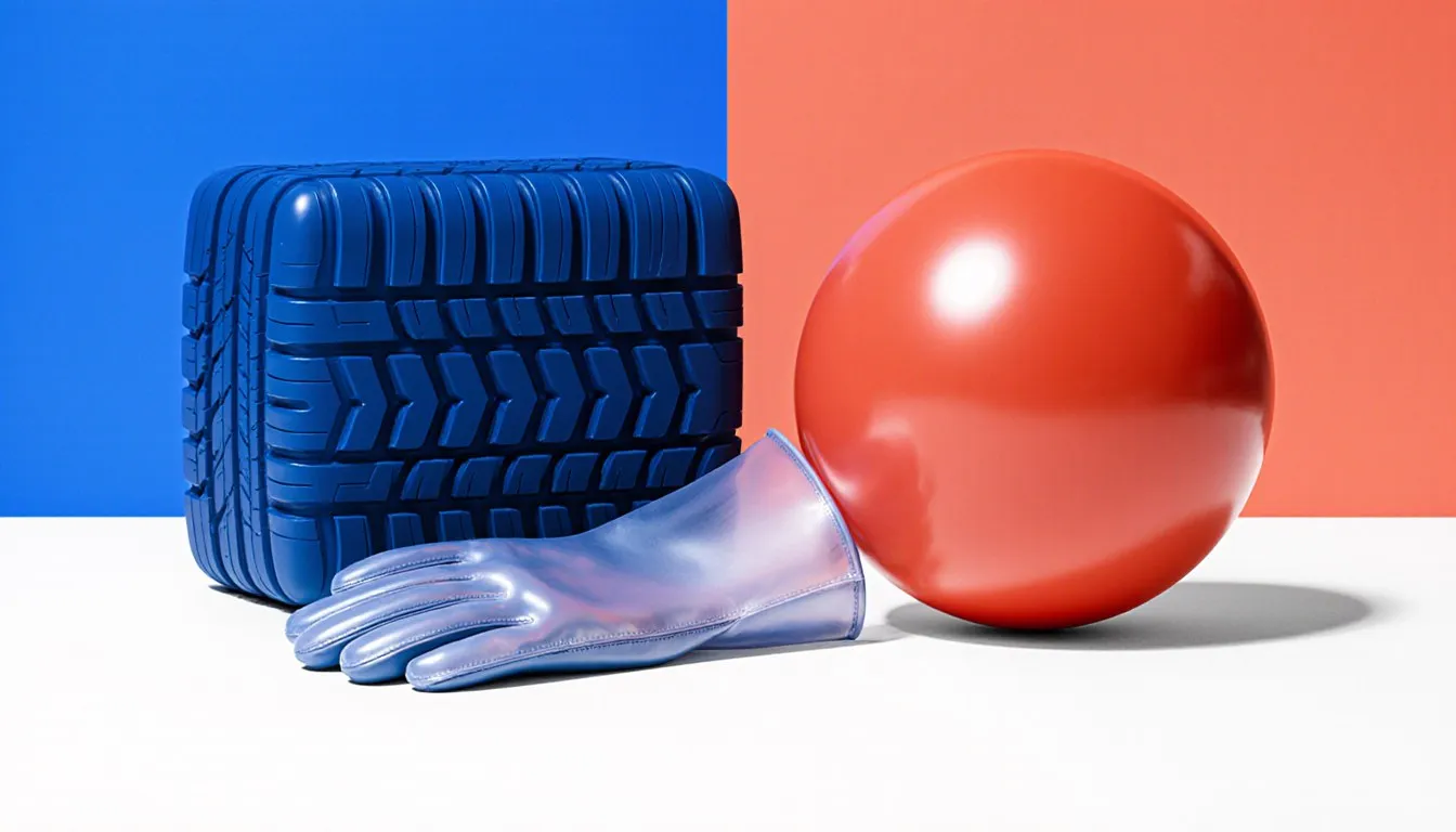 A tire tread, a rubber glove, and a weather balloon grouped together, showing synthetic rubber's varied uses.
