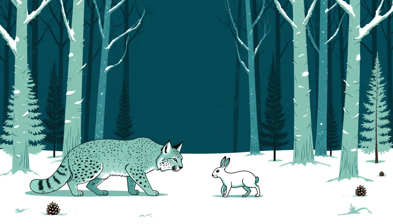 A lynx stalking a snowshoe hare in a snowy taiga forest of conifer trees