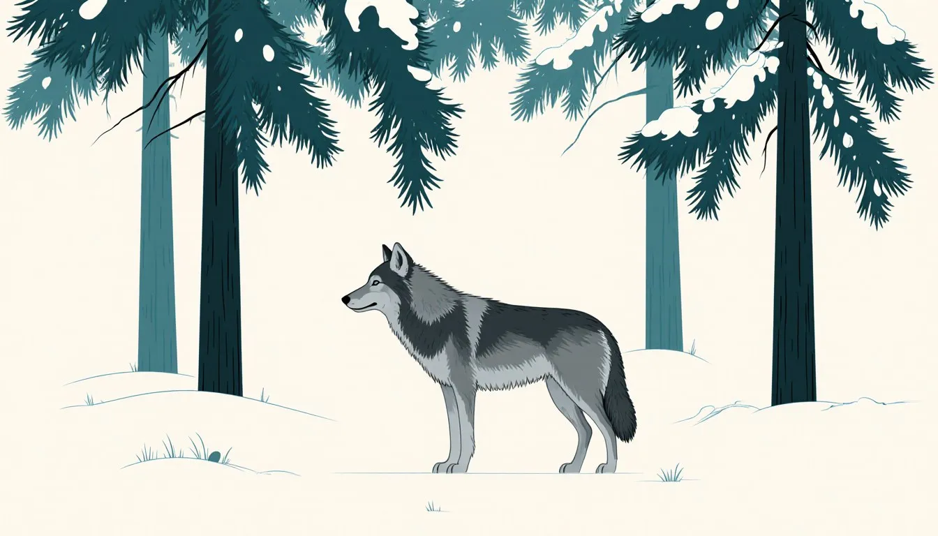 A gray wolf standing among snow-covered spruce and fir trees at the edge of a taiga forest