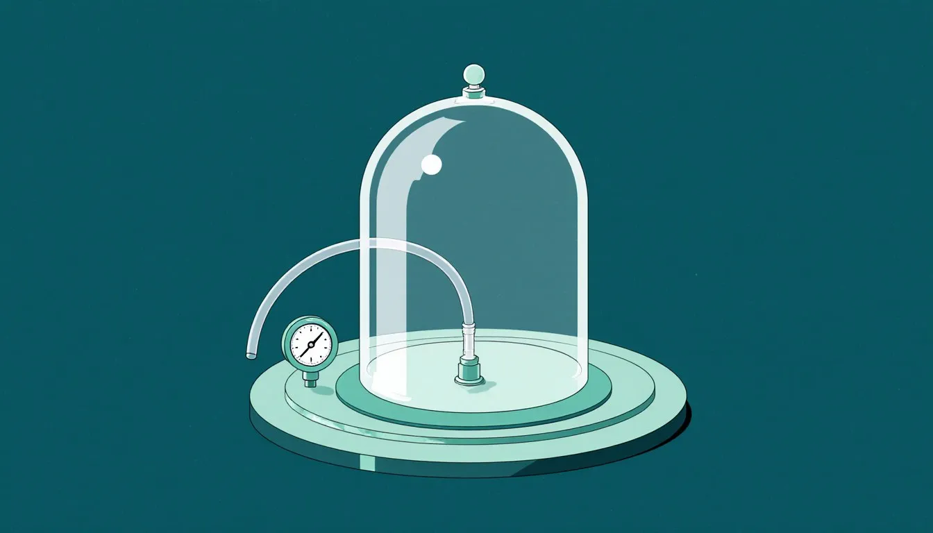 A glass bell jar vacuum chamber on a metal base plate connected to a pressure gauge, illustrating vacuum physics.
