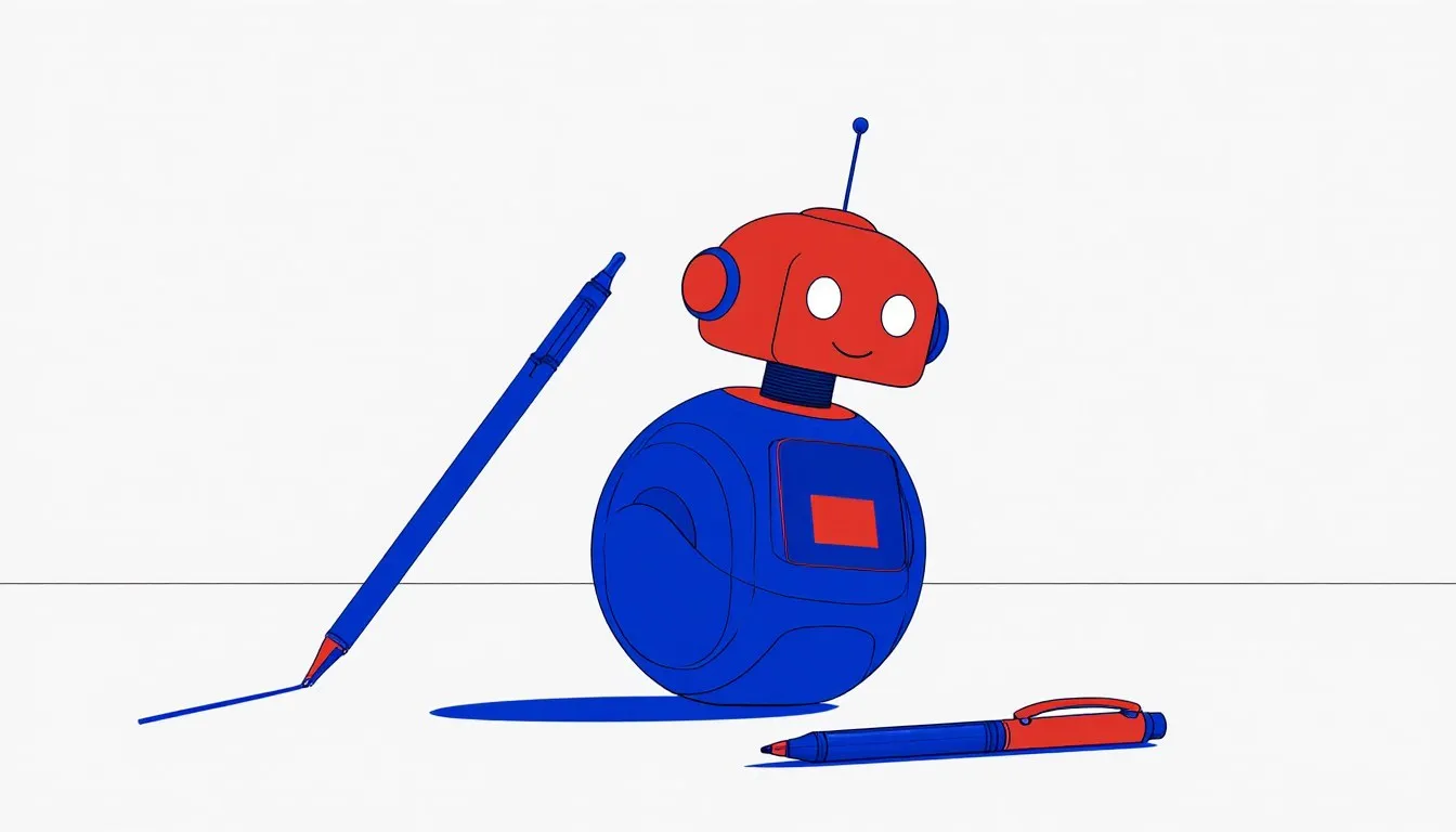 Illustration of a small round robot beside a smart pen and stylus