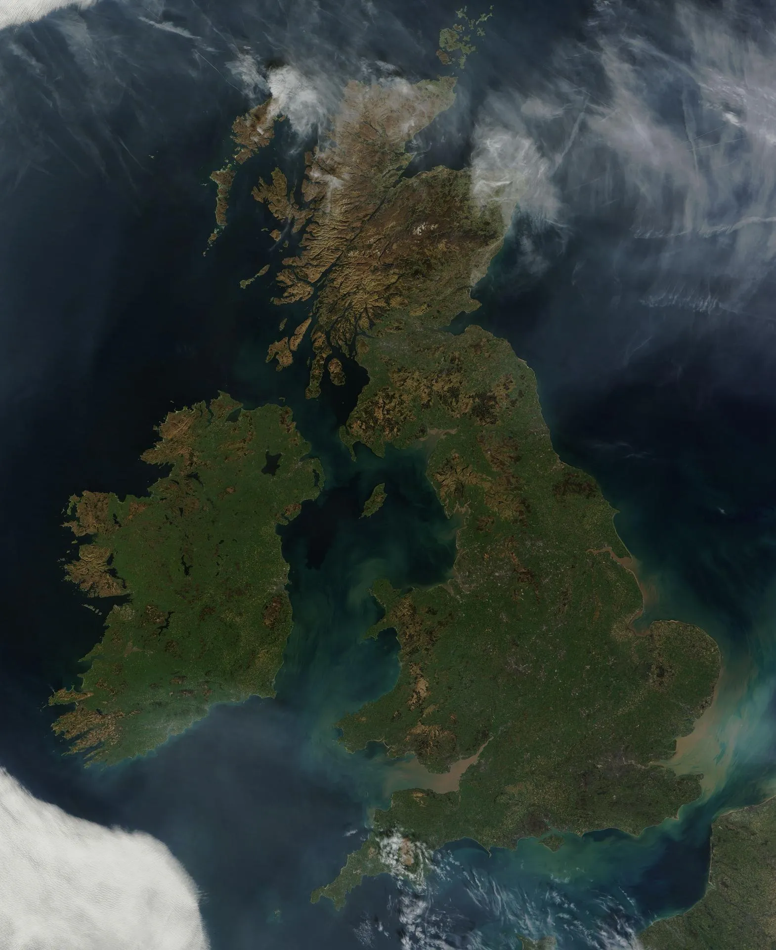 Satellite view of Great Britain and Ireland on a clear day