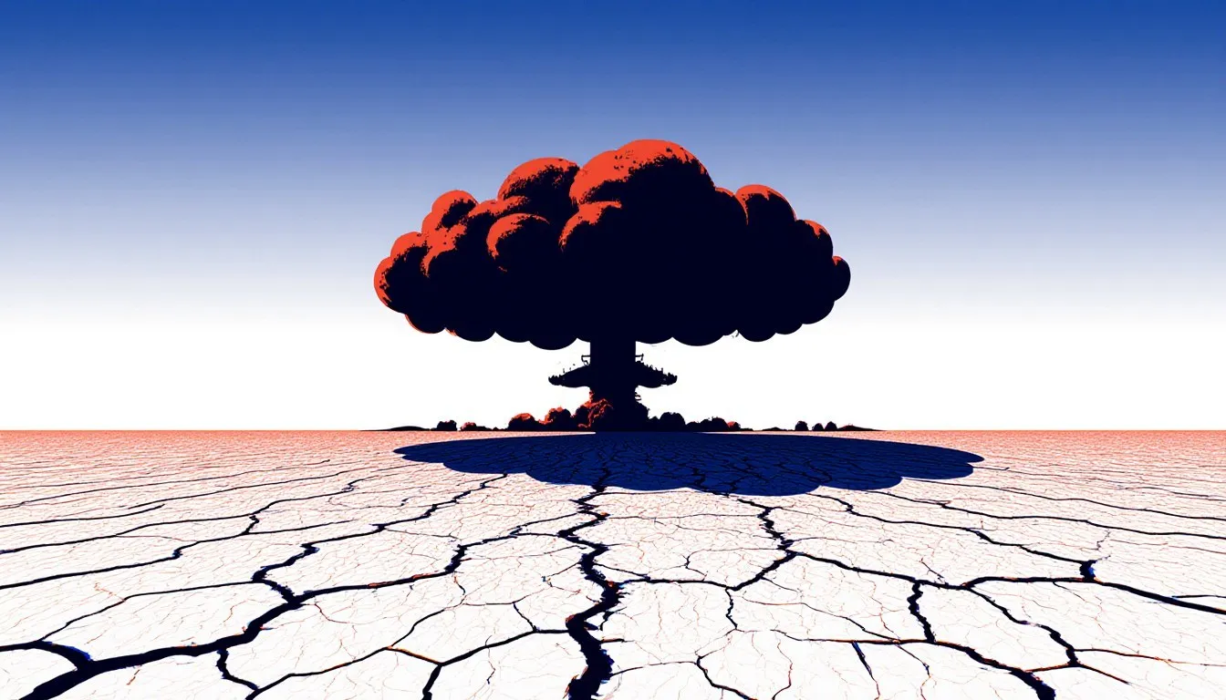 Illustration of a dark mushroom cloud casting its shadow over a cracked steppe