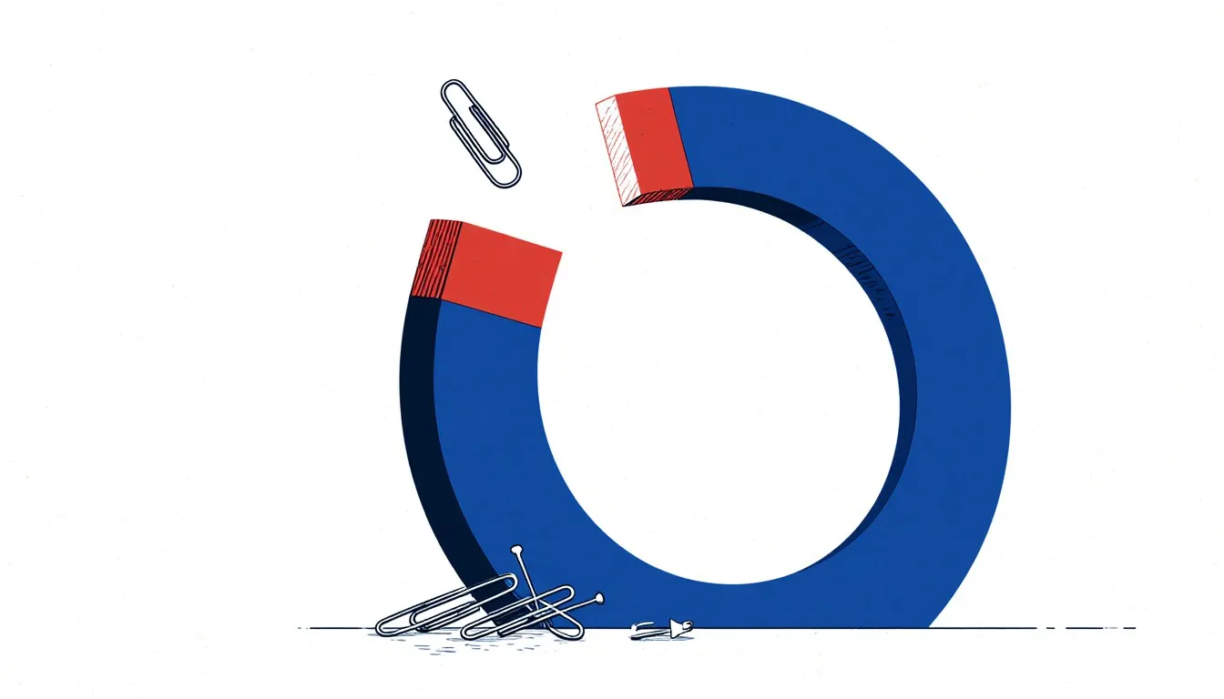A horseshoe magnet lifting a small cluster of metal paperclips toward its poles