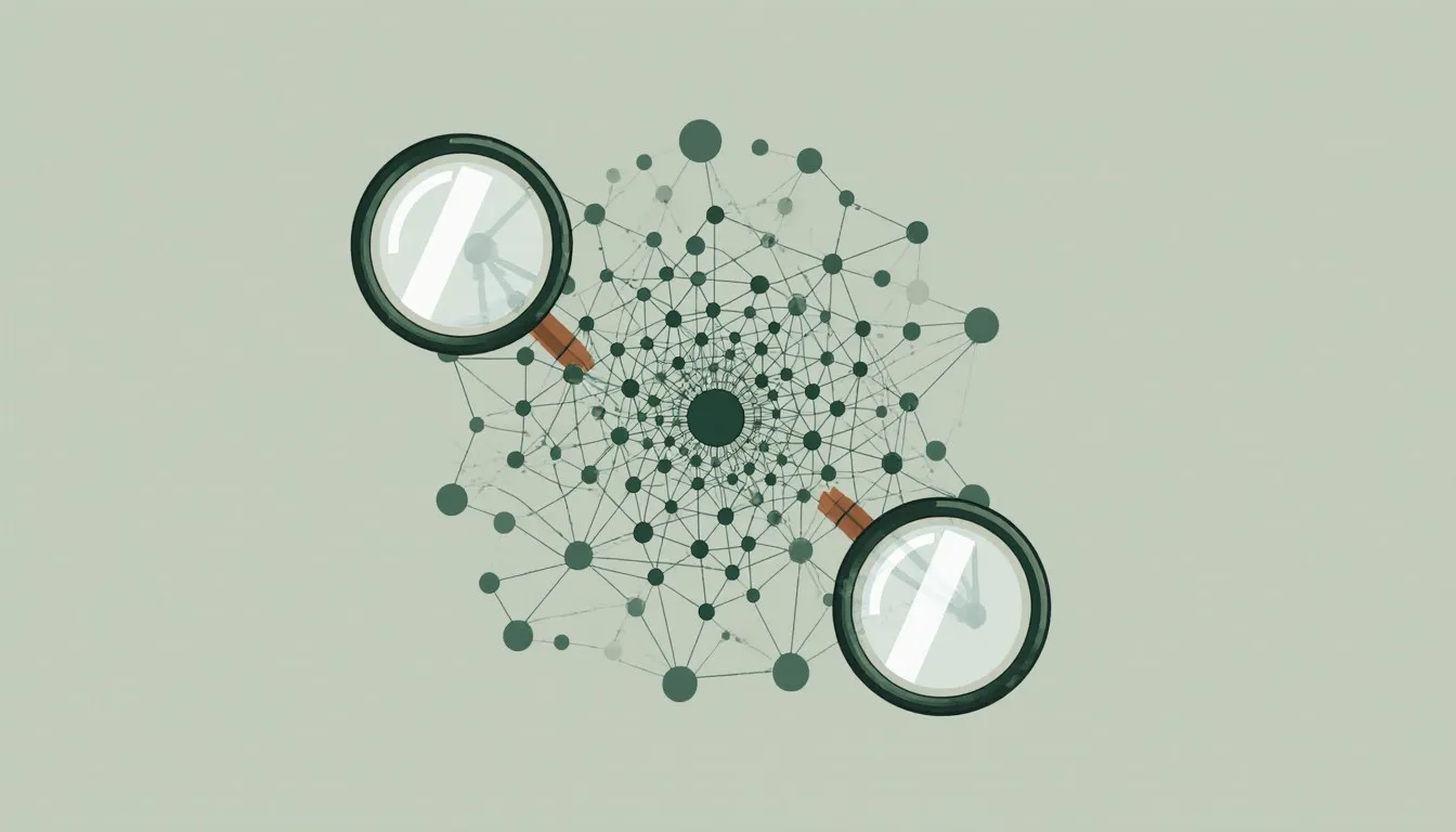 A web of interconnected circles representing society, viewed through three overlapping lens frames symbolizing different