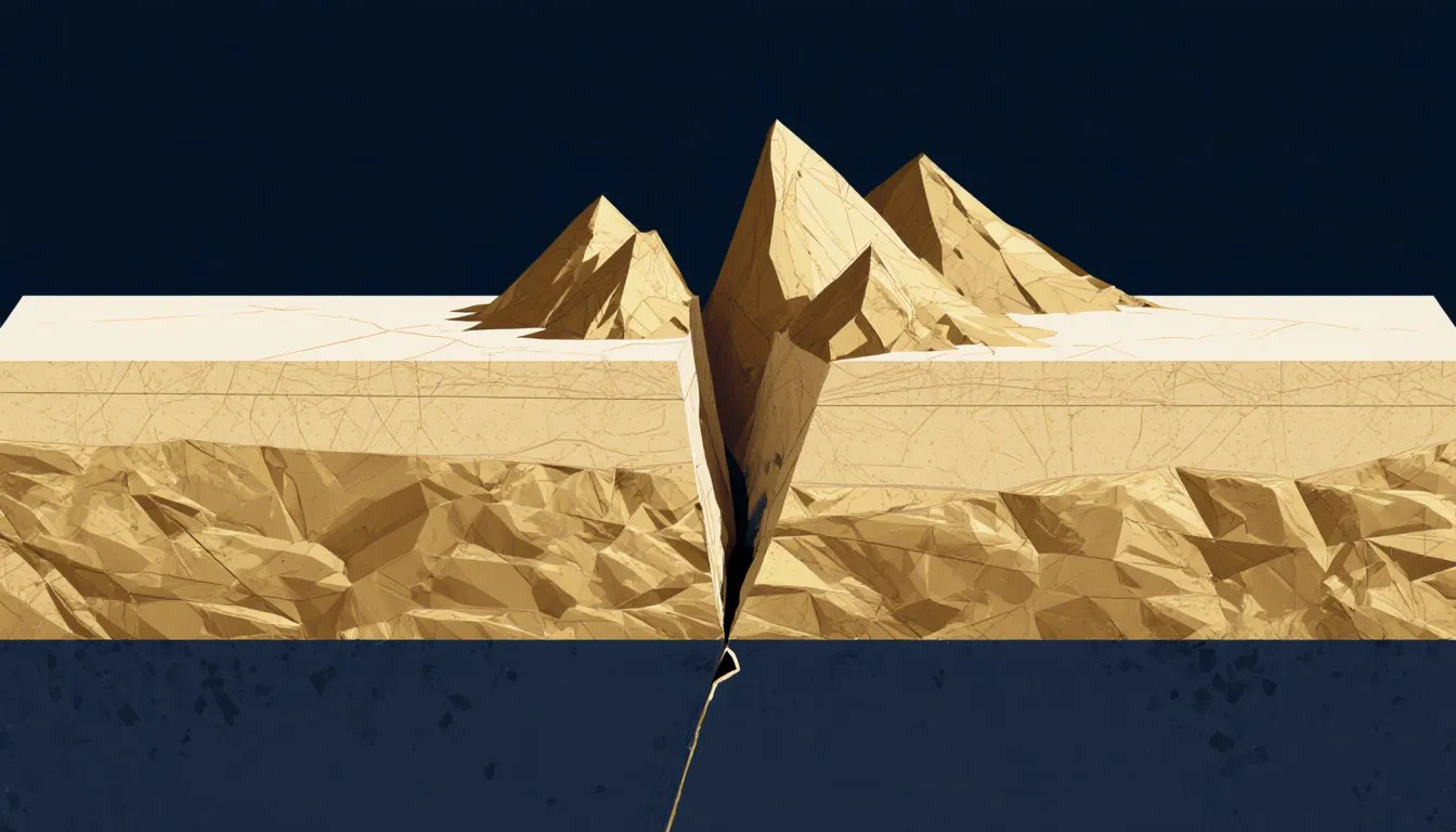 Cross-section illustration of two tectonic plates colliding and buckling upward to form a mountain range