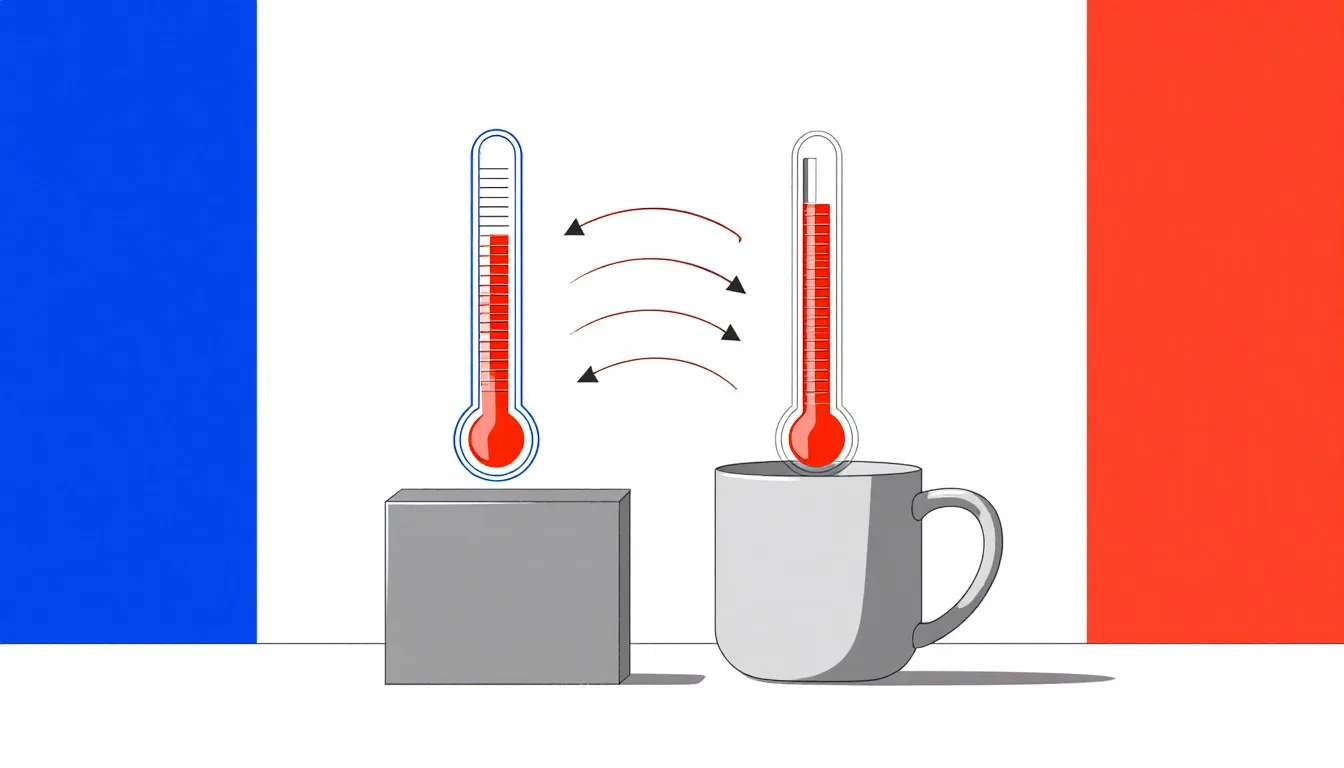 A metal block and a mug, each with a thermometer, showing matching mercury levels to illustrate thermal equilibrium