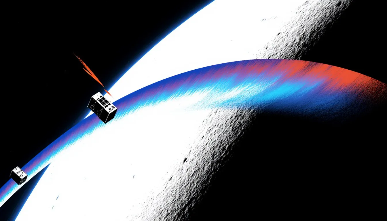 Earth's curved horizon with a glowing atmospheric band where a satellite and space station orbit within the thermosphere